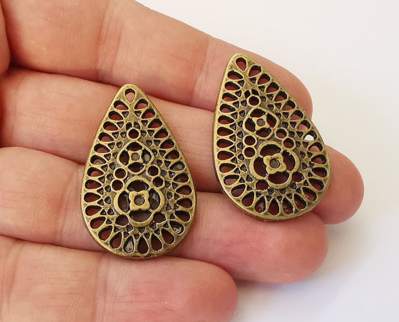 2 Drop filigree charms Antique bronze plated charms (38x23mm) G25341