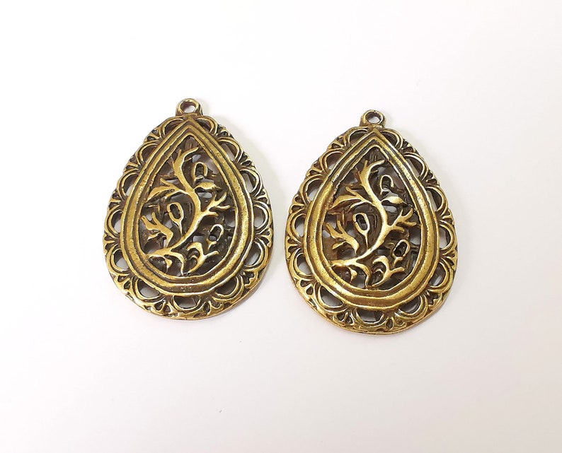 2 Drop branch charms Antique bronze plated charms (43x29mm) G25112