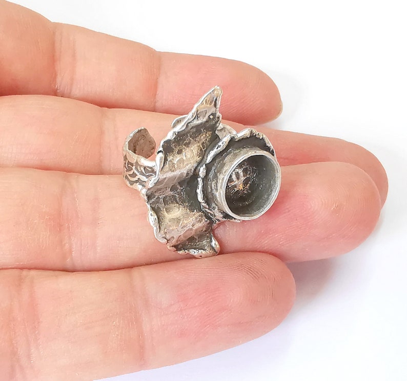 Silver Ring Blank Base Bezel Settings Cabochon Base Mountings Adjustable (10mm Blank) , Antique Silver Plated Brass G25150