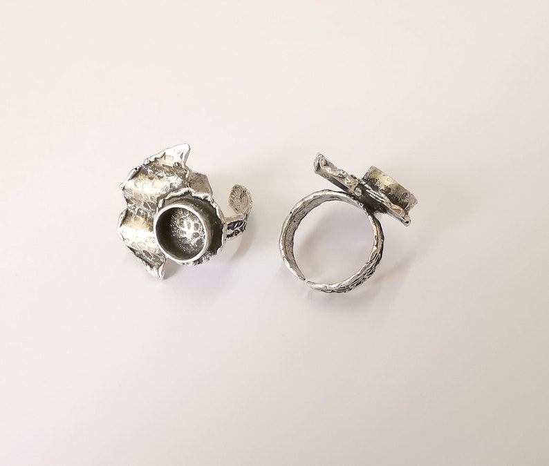 Silver Ring Blank Base Bezel Settings Cabochon Base Mountings Adjustable (10mm Blank) , Antique Silver Plated Brass G25150