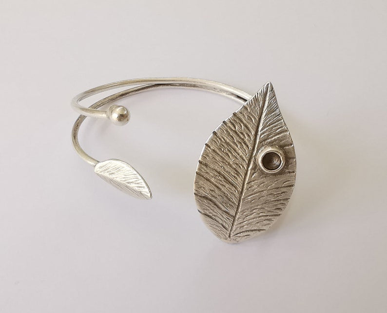 Leaf bracelet brass cuff blank bezel Glass cabochon base Adjustable antique silver plated brass (5mm Blanks ) G25160