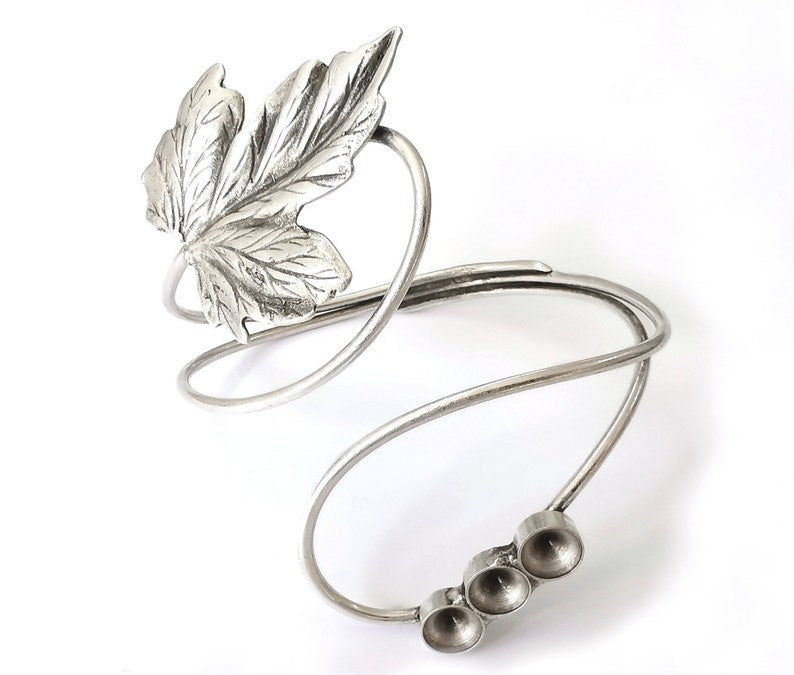 Leaf bracelet brass cuff blank bezel Glass cabochon base Adjustable antique silver plated brass (8mm Blanks ) G25167