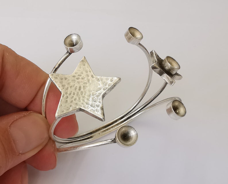 Stars bracelet brass cuff blank bezel Glass cabochon base Adjustable antique silver plated brass (8mm Blanks ) G25713