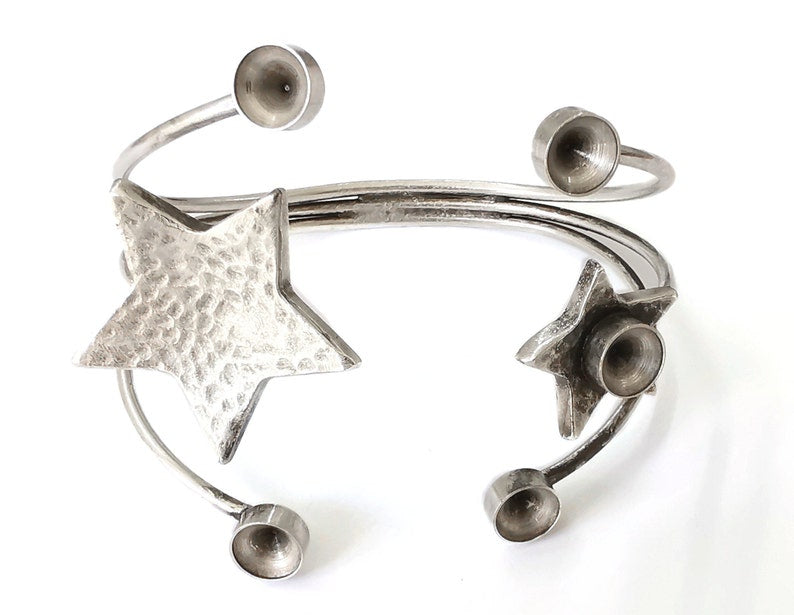 Stars bracelet brass cuff blank bezel Glass cabochon base Adjustable antique silver plated brass (8mm Blanks ) G25713