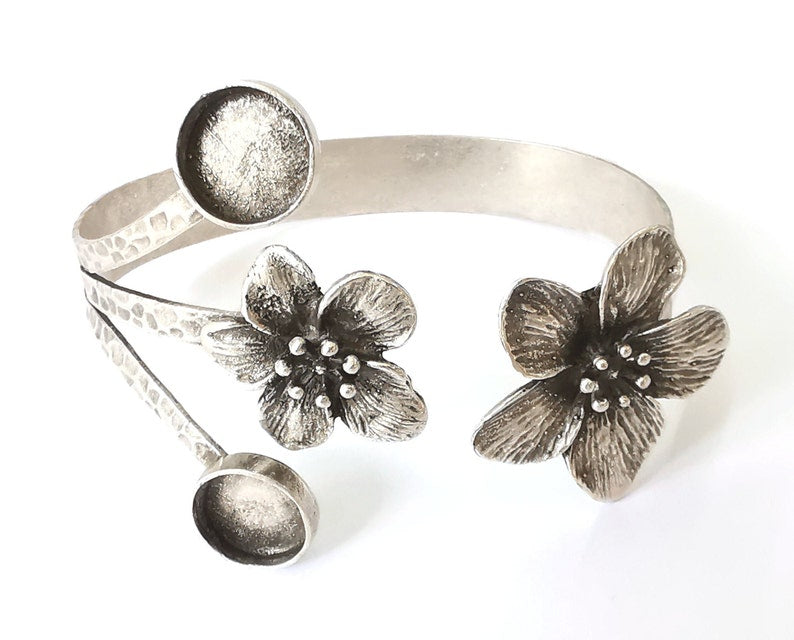 Flowers bracelet brass cuff blank bezel Glass cabochon base Adjustable antique silver plated brass (12mm Blanks ) G25169