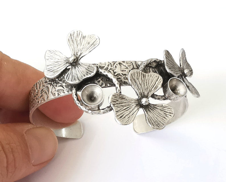 Flowers bracelet brass cuff blank bezel Glass cabochon base Adjustable antique silver plated brass (8mm Blanks ) G25171