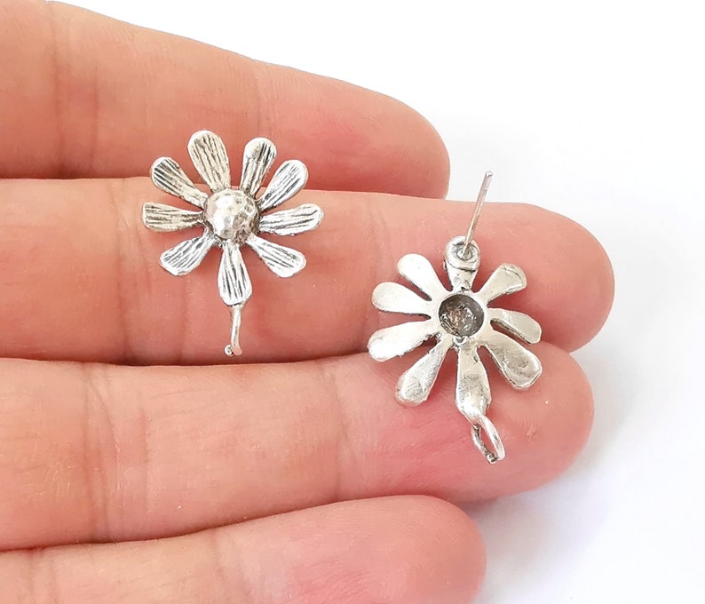 Flower Earring Stud Base Earring Posts Earring Back Antique Silver Plated Brass Earring 1 pair (25x19mm) G25172