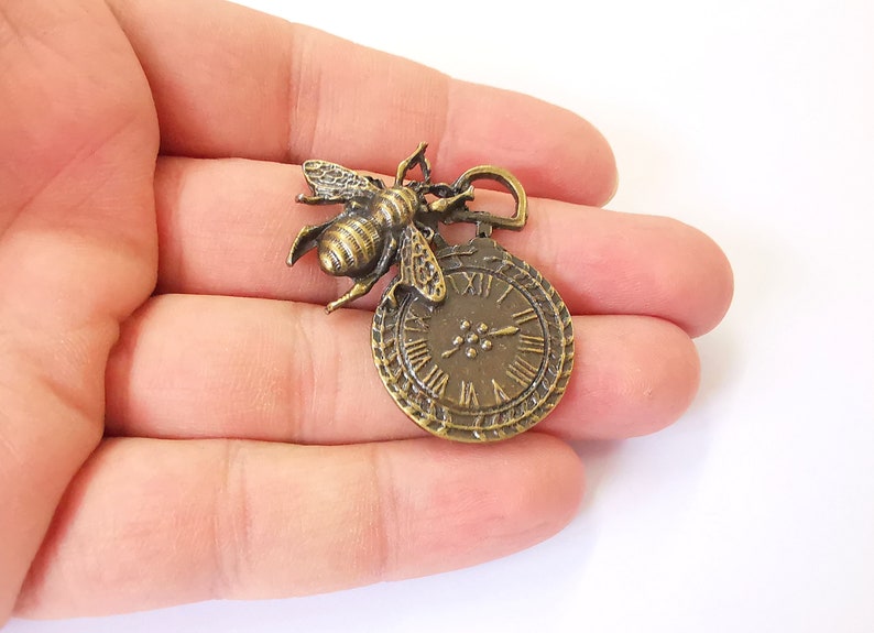 2 Bee and Clock Charm Antique Bronze Plated Charms (46x32mm) G25179