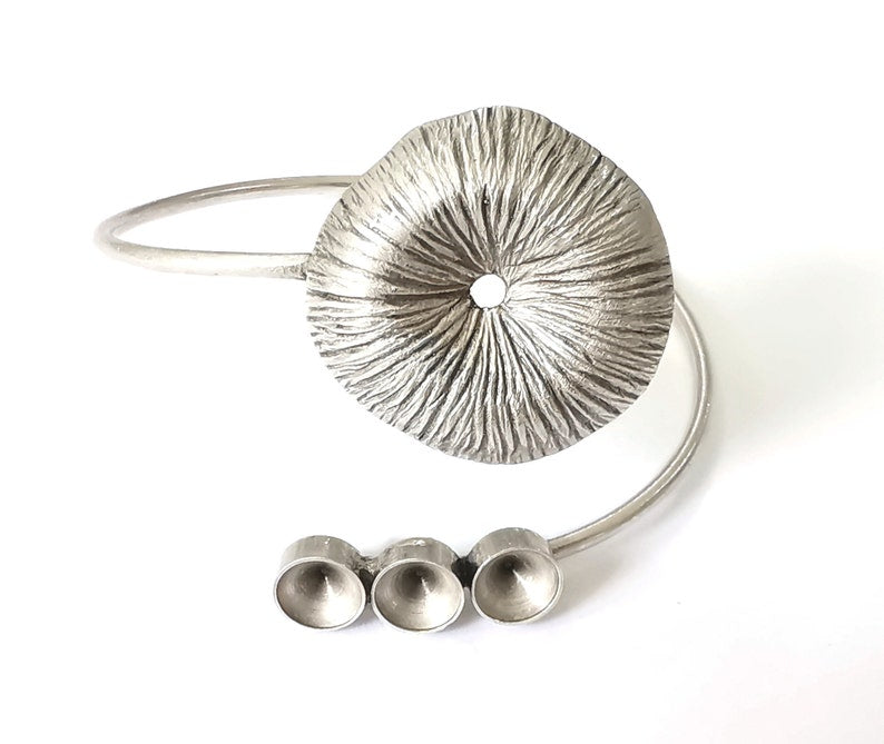 Flower bracelet brass cuff blank bezel Glass cabochon base Adjustable antique silver plated brass (8 mm Blank ) G25192