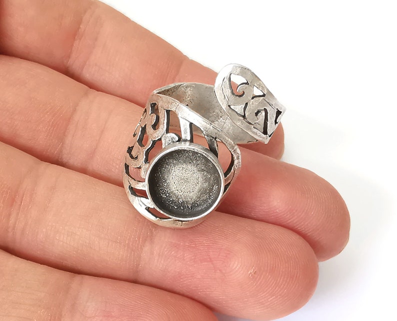 Wrap Silver Ring Blank Base Bezel Settings Cabochon Base Mountings Adjustable (12mm Blank) , Antique Silver Plated Brass G25196