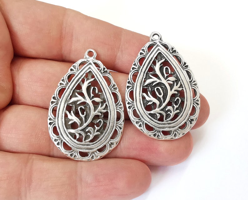 2 Drop branch charms Antique silver plated charms (43x29mm) G25198