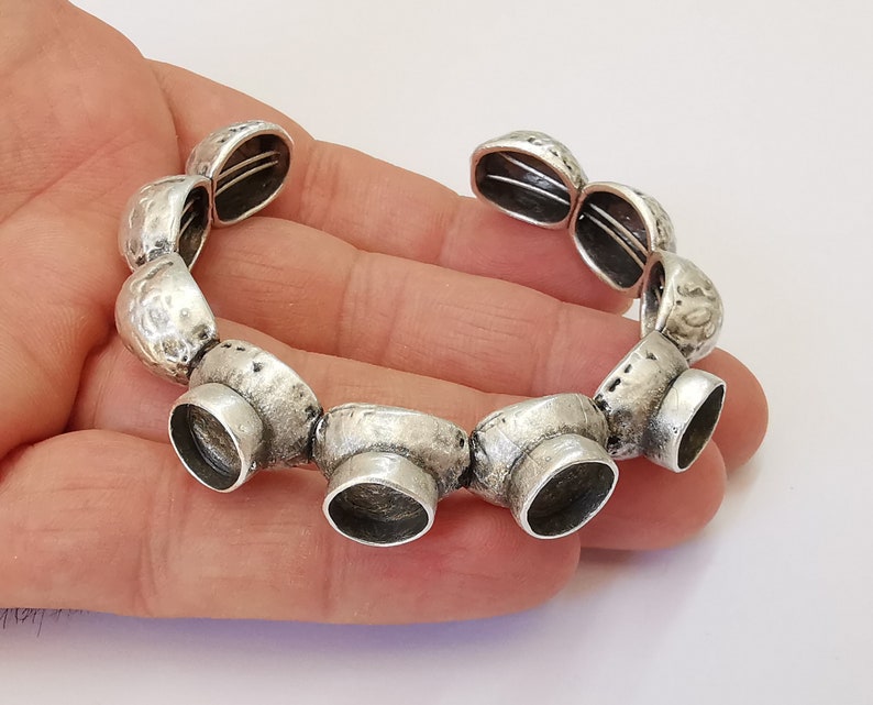 Ethnic domes Stainless steel flexible wires bracelet cuff blank bezel base Adjustable antique silver plated brass (10 mm ) G25417