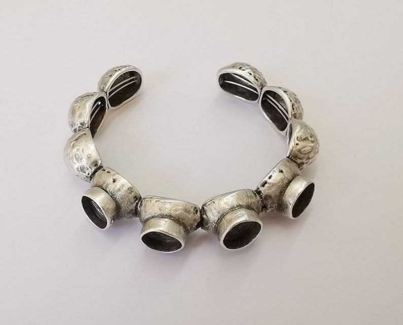 Ethnic domes Stainless steel flexible wires bracelet cuff blank bezel base Adjustable antique silver plated brass (10 mm ) G25417