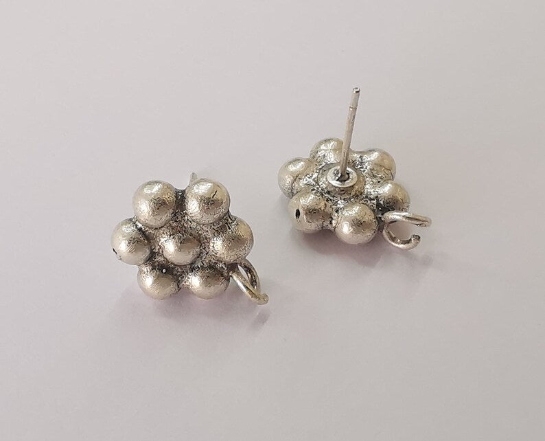 Flower daisy earring stud base Earring posts Antique silver plated brass Earring 1 pair (16x12mm) G25491