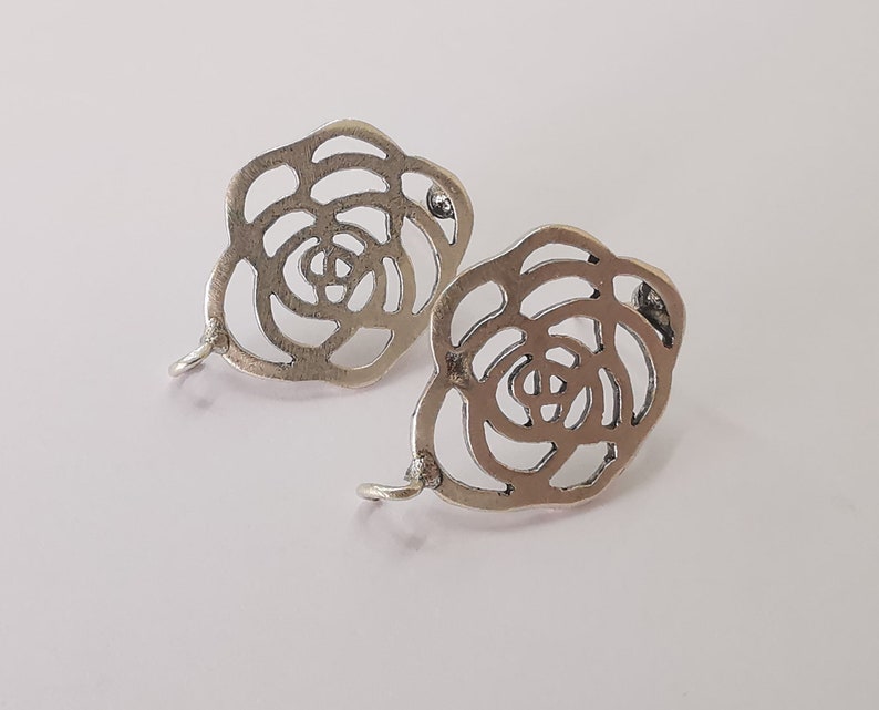 Rose flower earring stud base Earring posts Antique silver plated brass Earring 1 pair (28x20mm) G25492