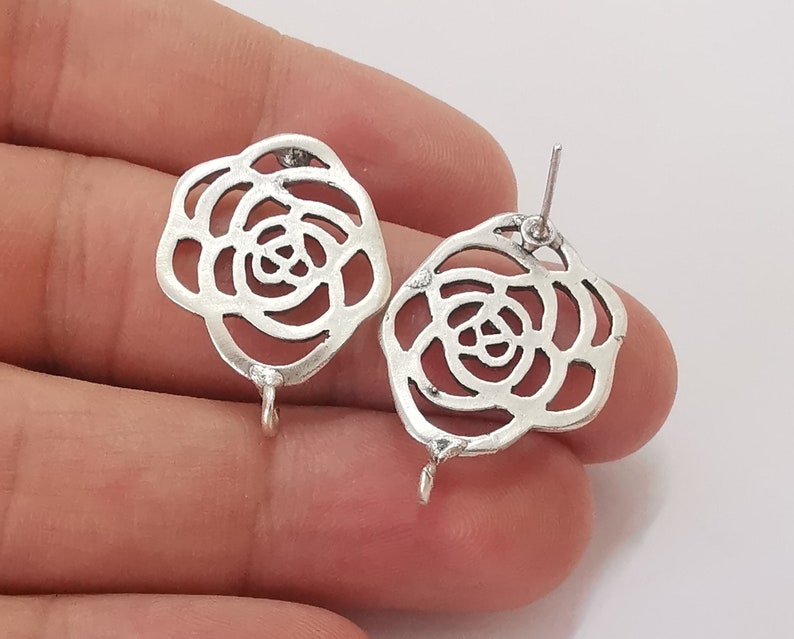 Rose flower earring stud base Earring posts Antique silver plated brass Earring 1 pair (28x20mm) G25492