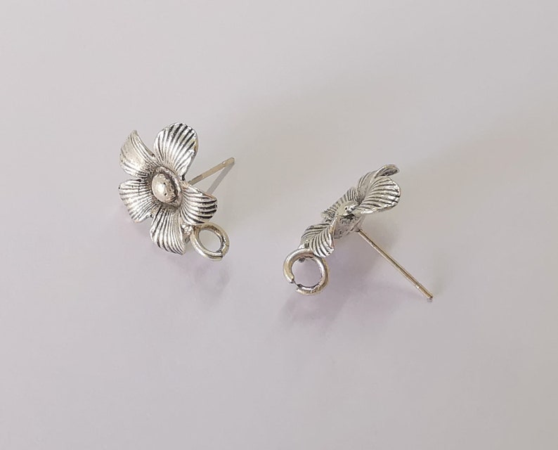Flower earring stud base Earring posts Antique silver plated brass Earring 1 pair (18x16mm) G25494