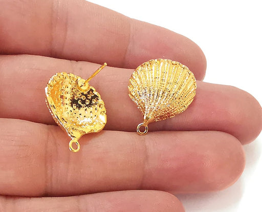 Sea Shell earring stud base Shiny gold plated brass earring 1 pair (22x19mm) G25496