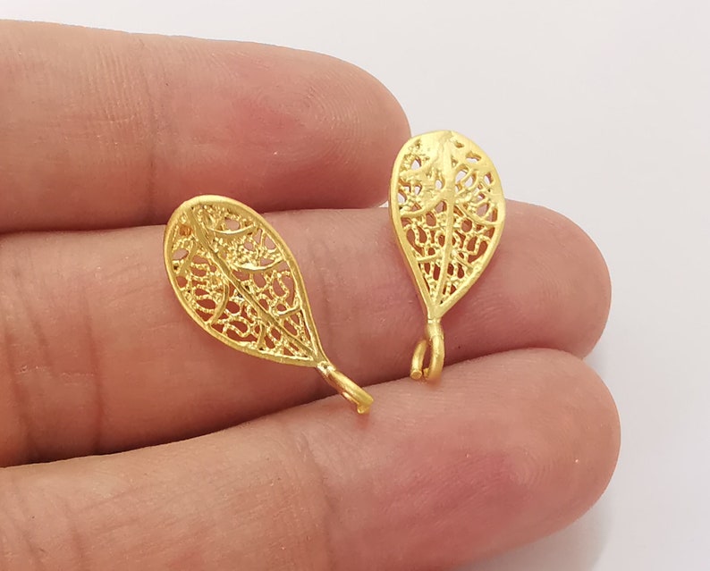 Drop filigree earring stud base Gold plated brass earring 1 pair (23x10mm) G25497