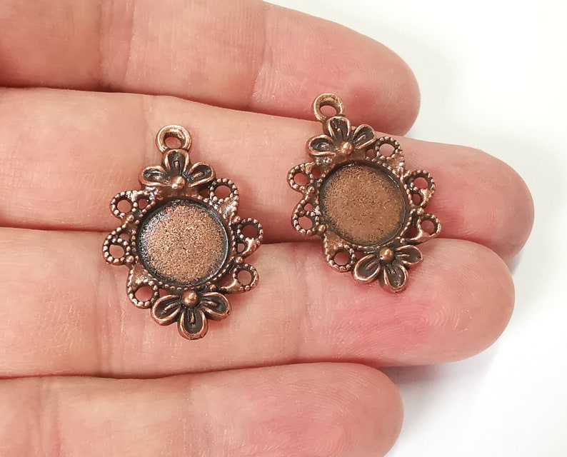 2 Flowers frame pendant blank bezel Antique copper plated pendant (29x20mm) (12mm Blank Size) G25263
