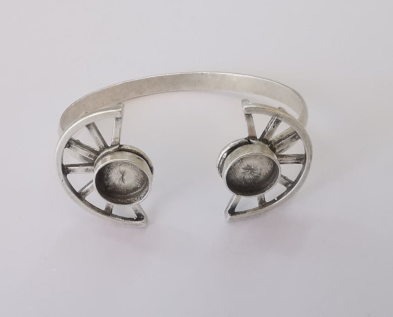 Semi circle silver bracelet cuff blank bezel Glass cabochon base Adjustable antique silver plated brass (12mm ) G25533