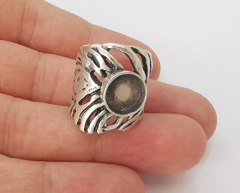 Feather silver ring blank base bezel settings cabochon base mountings adjustable (10mm Blank) , Antique Silver Plated Brass G23522