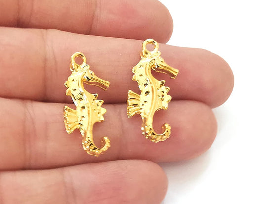 2 Seahorse Charm (Double Sided) 24K Shiny Gold Plated Charms (28x11mm) G25208