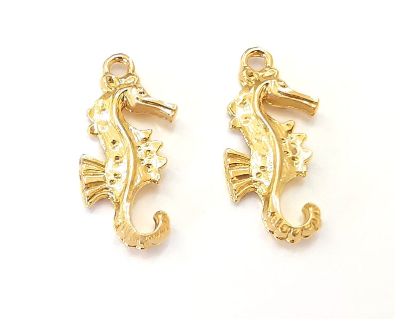 2 Seahorse Charm (Double Sided) 24K Shiny Gold Plated Charms (28x11mm) G25208