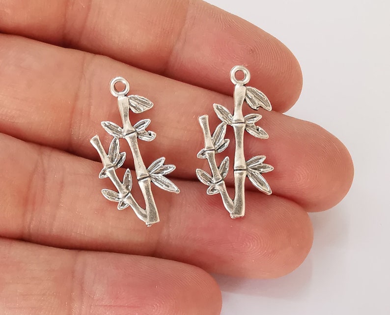 8 Bamboo Plant leaf branch charms Antique silver plated charms (29x14mm) G25583