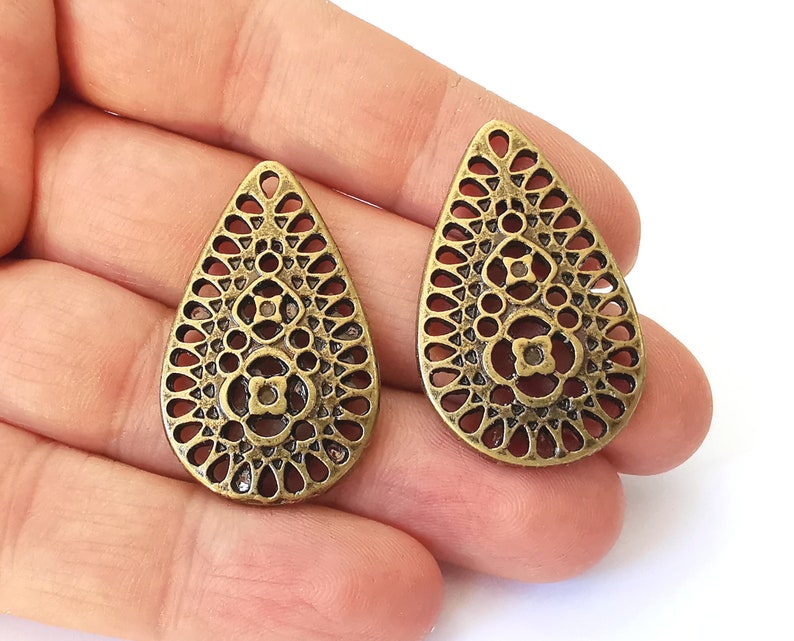 2 Drop filigree charms Antique bronze plated charms (38x23mm) G25341