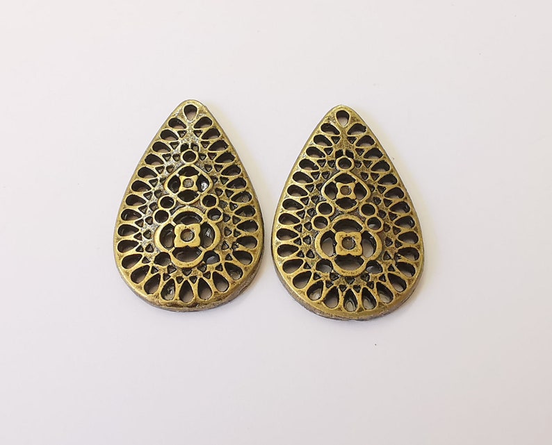 2 Drop filigree charms Antique bronze plated charms (38x23mm) G25341