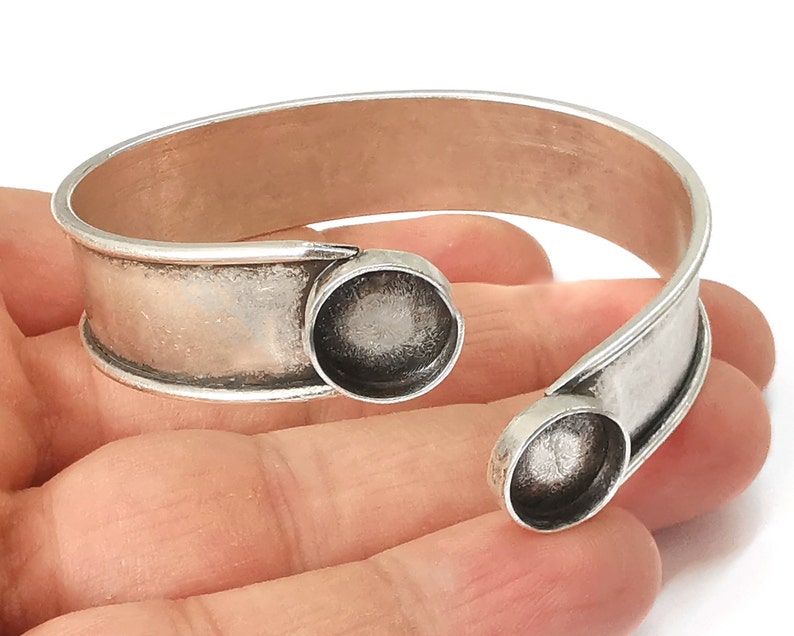 Band bracelet cuff blank bezel Glass cabochon base Adjustable antique silver plated brass (10mm ) G25373