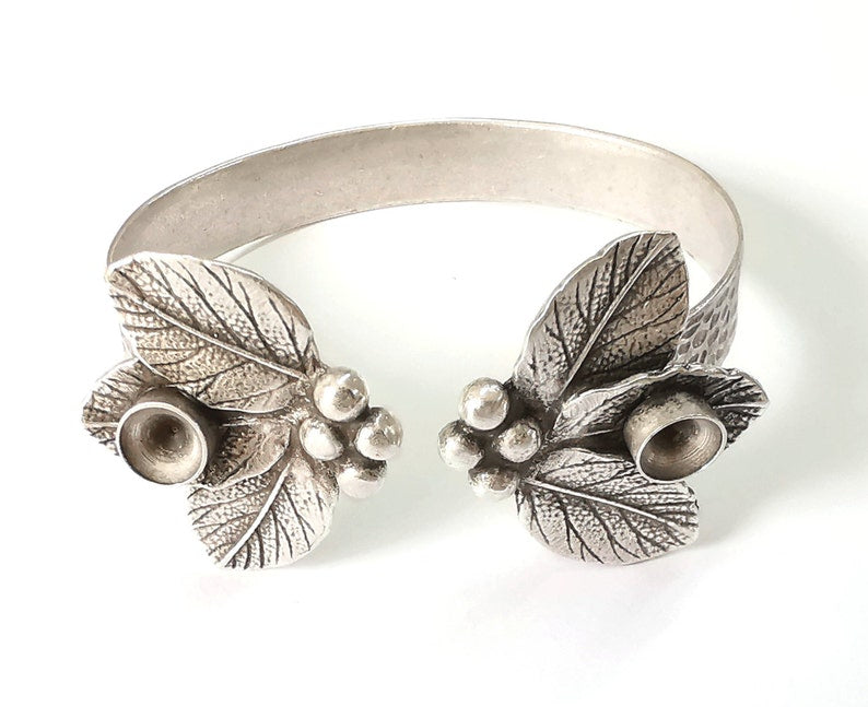 Leaves leaf bracelet cuff blank bezel Glass cabochon base Adjustable antique silver plated brass (8mm ) G25374