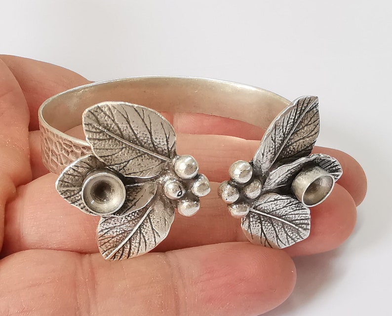 Leaves leaf bracelet cuff blank bezel Glass cabochon base Adjustable antique silver plated brass (8mm ) G25374