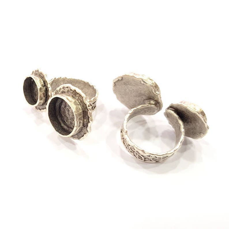 Silver Ring Setting Resin Ring Bezel Blank Cabochon Base Adjustable inlay Ring Mounting (14mm and 10mm) Antique Silver Plated Brass G25389