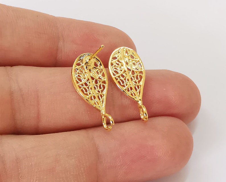 2 Drop filigree earring stud base Shiny gold plated brass earring 1 pair (23x10mm) G25648