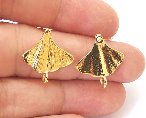 2 Ginkgo leaf earring stud base Shiny gold plated brass earring 1 pair (21x20mm) G25660