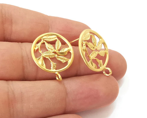 2 Leaves circle earring stud base Gold plated brass earring 1 pair (25x20mm) G25666