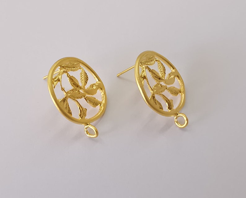 2 Leaves circle earring stud base Gold plated brass earring 1 pair (25x20mm) G25666