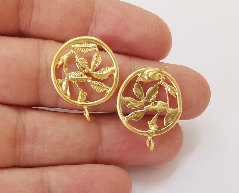 2 Leaves circle earring stud base Gold plated brass earring 1 pair (25x20mm) G25666