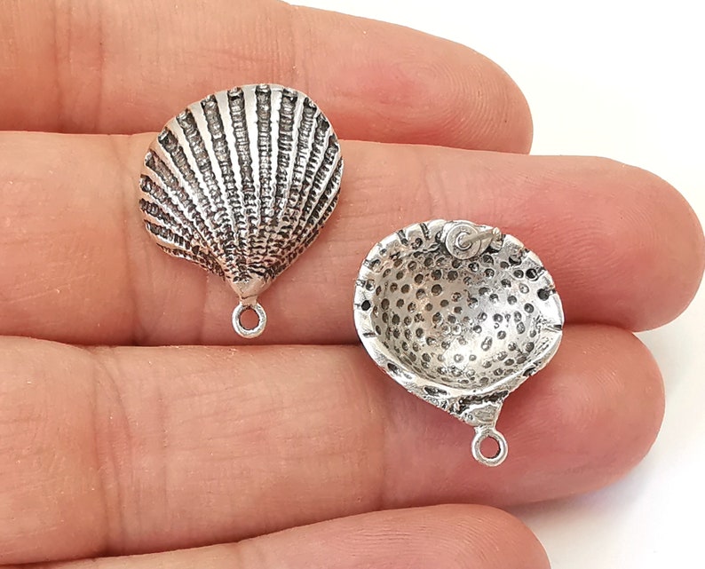 Seashell earring stud base Earring posts Antique silver plated brass Earring 1 pair (22x18mm) G25398