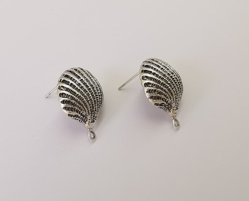 Seashell earring stud base Earring posts Antique silver plated brass Earring 1 pair (22x18mm) G25398