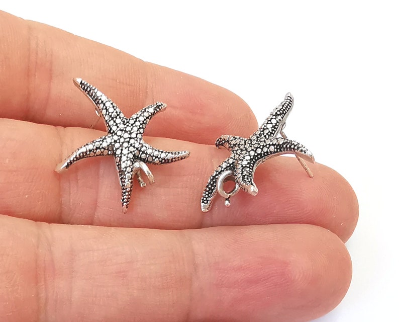 Starfish earring stud base Earring posts Antique silver plated brass Earring 1 pair (23x23mm) G25399