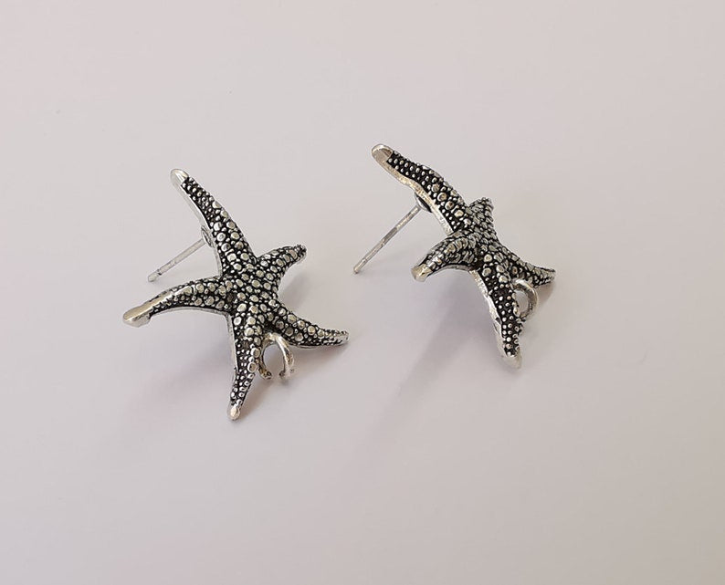 Starfish earring stud base Earring posts Antique silver plated brass Earring 1 pair (23x23mm) G25399