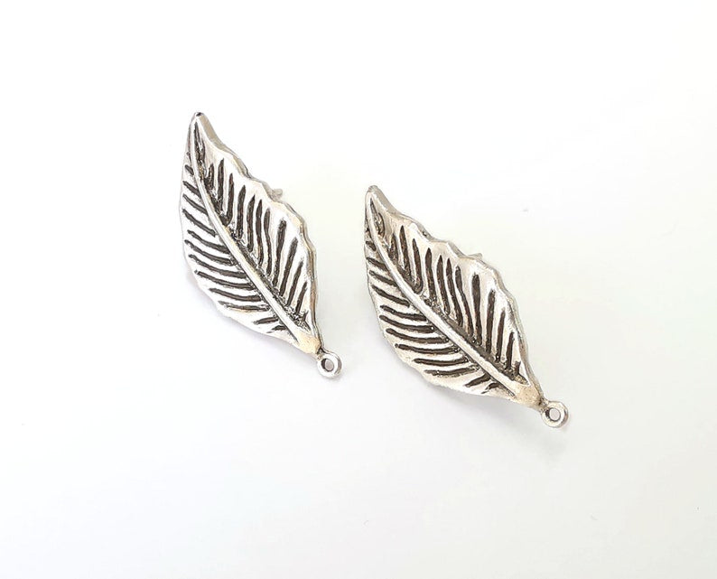 Leaf earring stud base Earring posts Antique silver plated brass Earring 1 pair (29x13mm) G25416