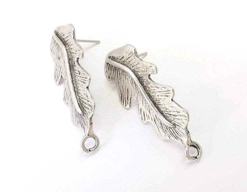 Leaf earring stud base Earring posts Antique silver plated brass Earring 1 pair (34x16mm) G25402