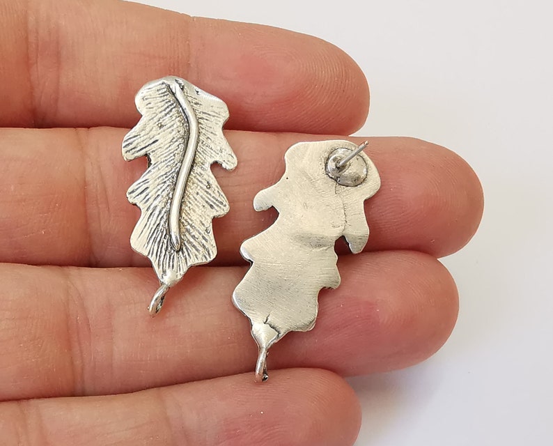 Leaf earring stud base Earring posts Antique silver plated brass Earring 1 pair (34x16mm) G25402