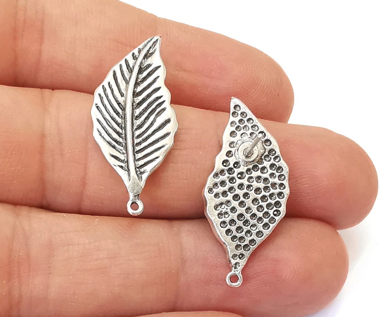 Leaf earring stud base Earring posts Antique silver plated brass Earring 1 pair (29x13mm) G25416