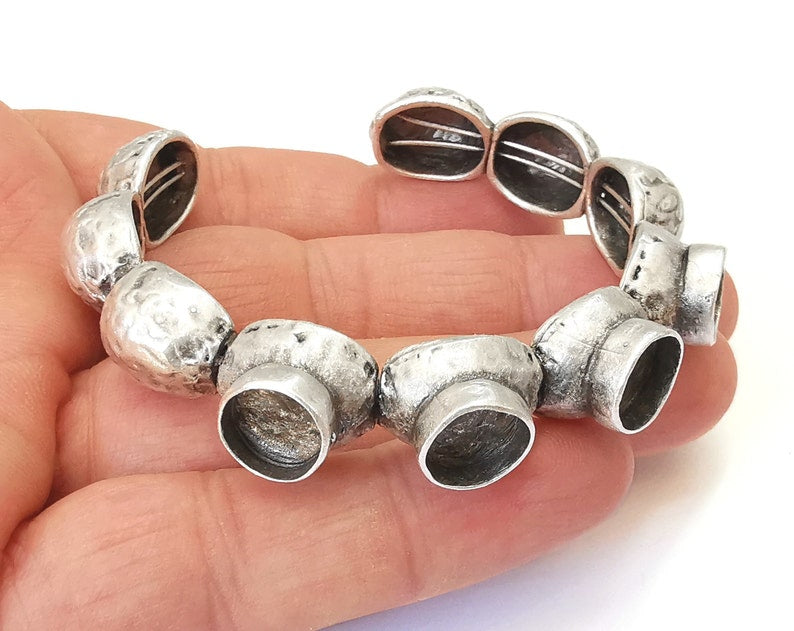 Ethnic domes Stainless steel flexible wires bracelet cuff blank bezel base Adjustable antique silver plated brass (10 mm ) G25417