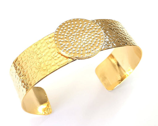 Bracelet blank Cuff glass cabochon base Hammered adjustable Shiny gold plated (25mm ) G25429